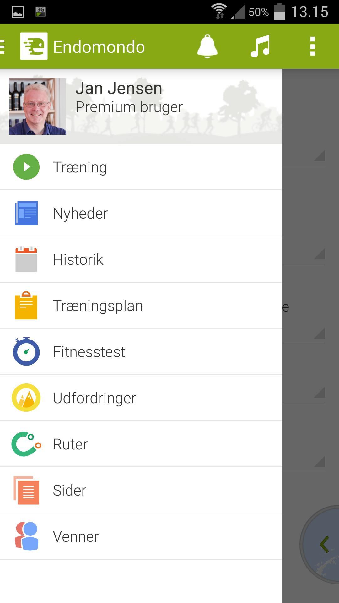 Endomondo-menu-indholdsfortegnelse